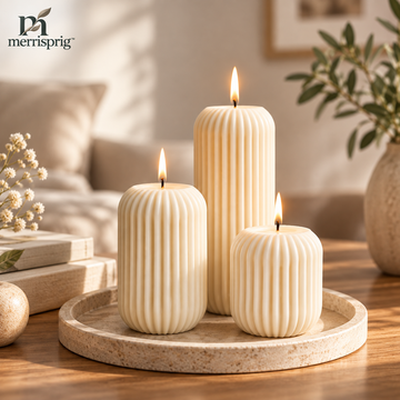 merrisprig™ Ivory Ribbed Pillar Candles, Set of 3