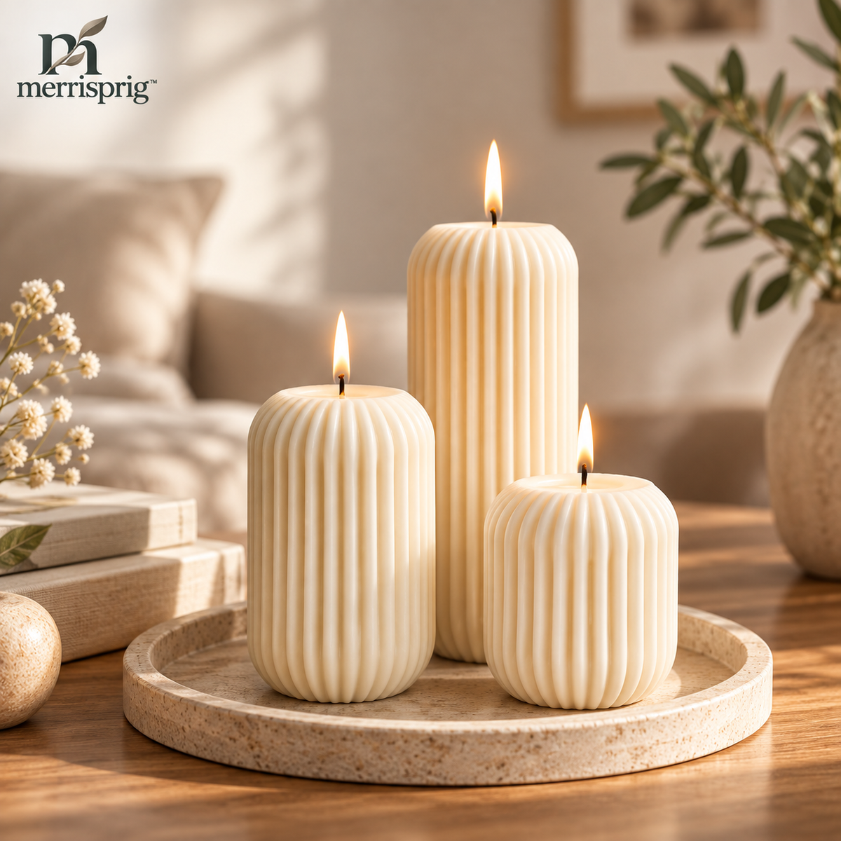 merrisprig™ Ivory Ribbed Pillar Candles, Set of 3