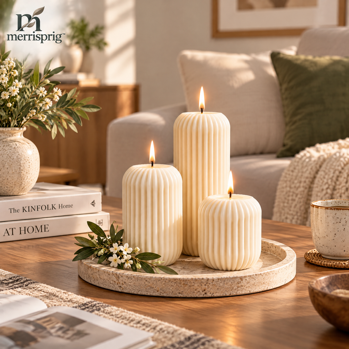 merrisprig™ Ivory Ribbed Pillar Candles, Set of 3