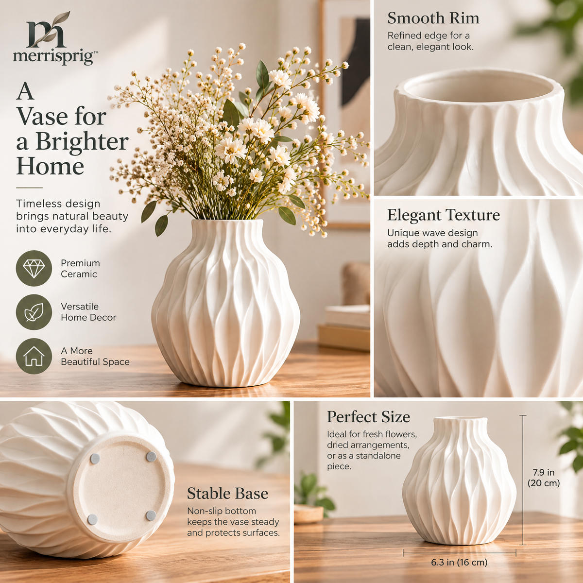 merrisprig Ivory Wave-Ribbed Vase