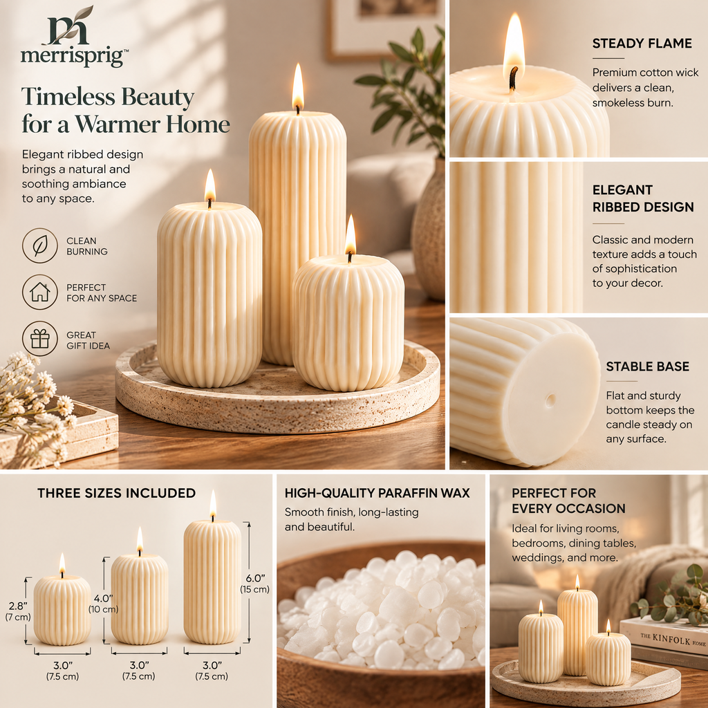merrisprig™ Ivory Ribbed Pillar Candles, Set of 3
