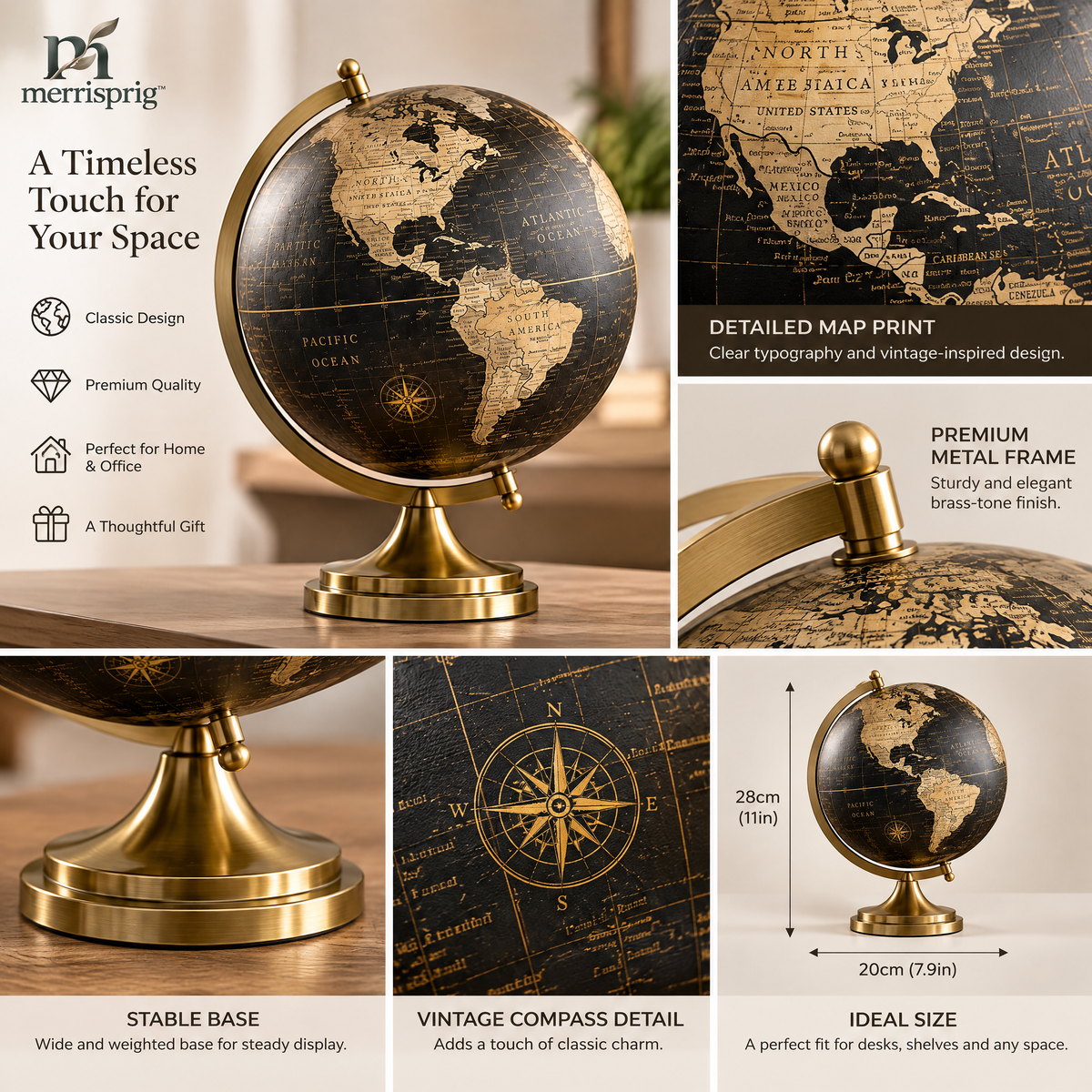 merrisprig Black & Gold Decorative Tabletop Globe