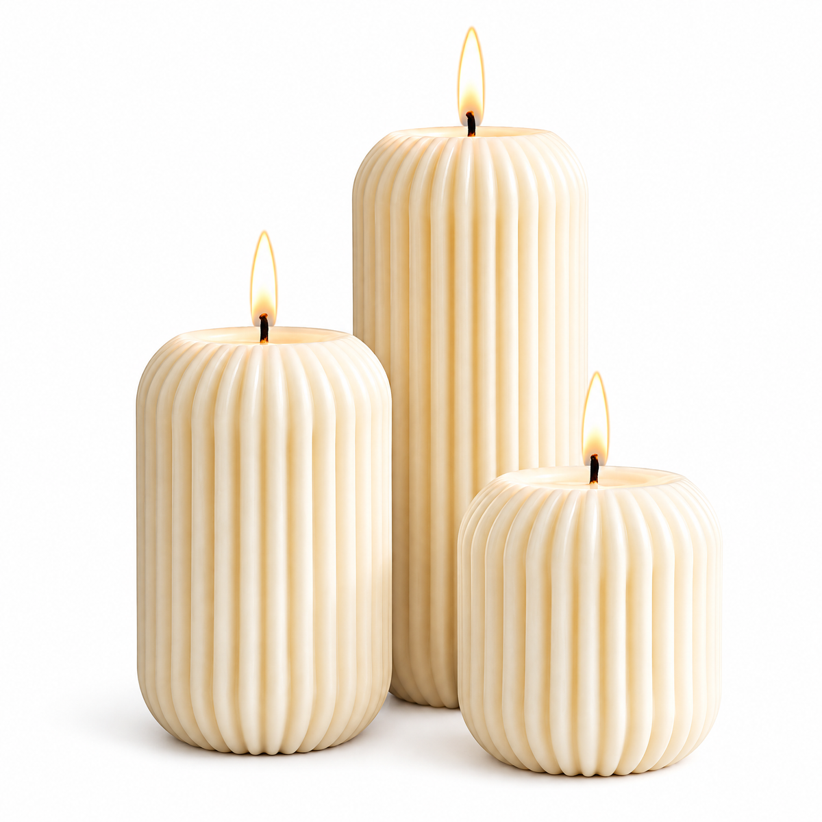merrisprig™ Ivory Ribbed Pillar Candles, Set of 3